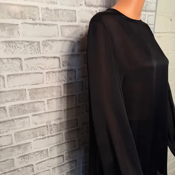The Row SIlk Sheer Black Tie Open Back Top size XS Bishop Sleeves Tunic Length